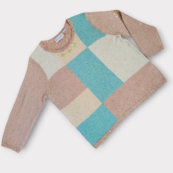 Alfred Dunner Sweater Womens  Large Patchwork Color block Sequins Beads … - Picture 1 of 10